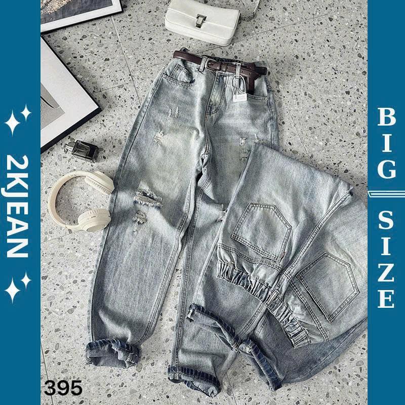  Quần baggy jean nữ Rách gối cạp lưng thun Bigsize 55kg-90kg hàng QC kiểu dáng baggy rách gối QC395 2KJeans 