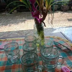 AY - [ 6 Pcs Gelas Kopi ] Gelas Kopi Gagang Super Premium Corak Kotak BM 19006