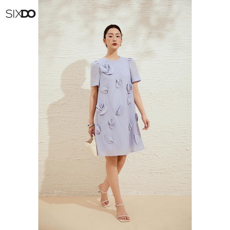 Đầm tím suông hoa 3D ngắn tay cổ tròn SIXDO (Light Purple 3D Flower Organza Loose Dress)