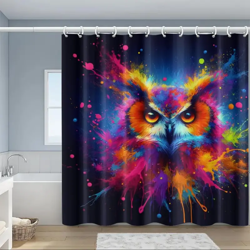 Owl Pattern Bathroom Accessories, 4 Counts/set Including Shower Curtain & Toilet U-shaped Mat & Toilet Lid Cover & Bath Mat, Bathroom Decoration Supplies 2