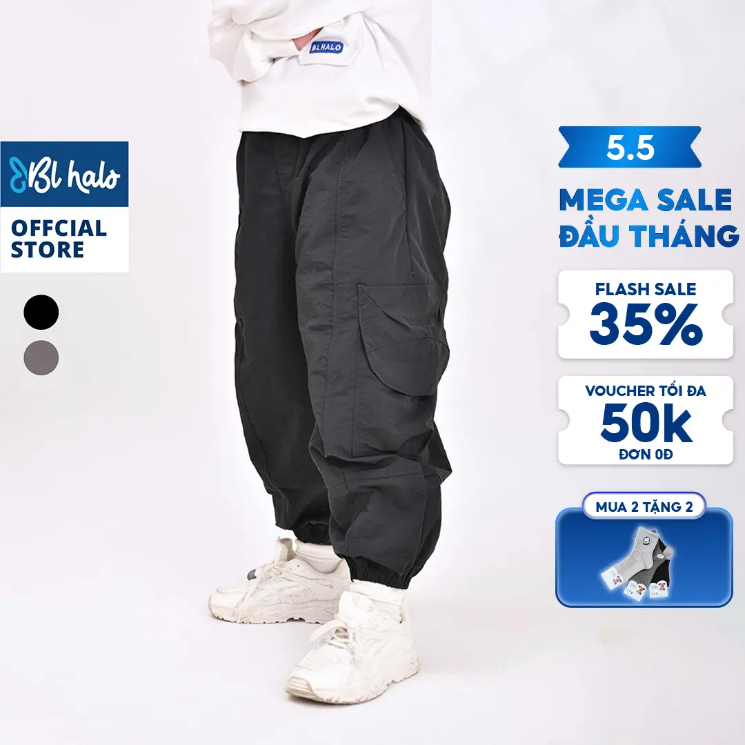 Quần Dài Bé Trai 8-38kg (2-9 tuổi) Quần Gió Túi Hộp BL HALO Dáng Rộng 2 Màu Vải Gió Nhăn Mềm Phong Cách Năng Động QDG26