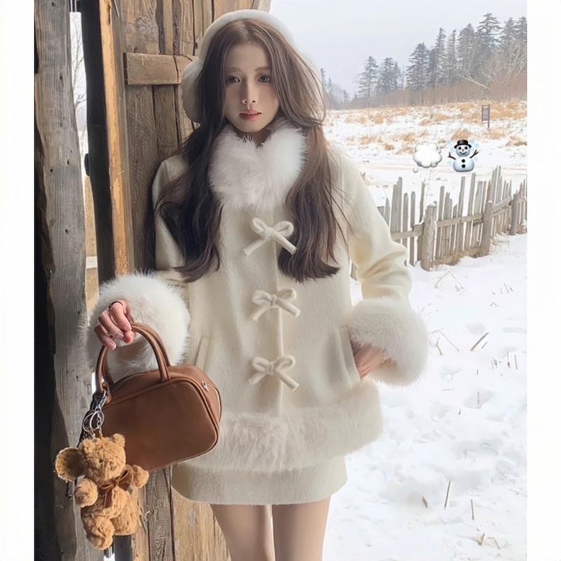  XẢ KHO NGHỈ BÁN  SET 4 CHI TIẾT   KÈM MŨ + KHĂN  Set Áo dạ kiểu nữ S216 kèm chân váy chất dạ ép lông cừu họa tiết mix lông thỏ cổ nơ tiểu thư sang chảnh form rộng thu đông Hàn Quốc Kozoda 