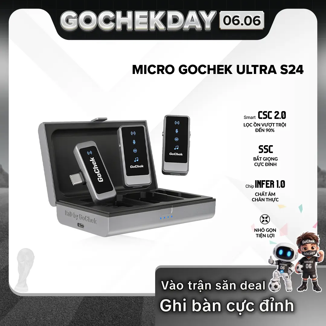 Micro thu âm không dây GoChek,Tích hợp 2 chân cắm khi live/quay video/ghi âm cho điện thoại/ ipad/ máy tính GC ULTRA S24 mic  vlogs