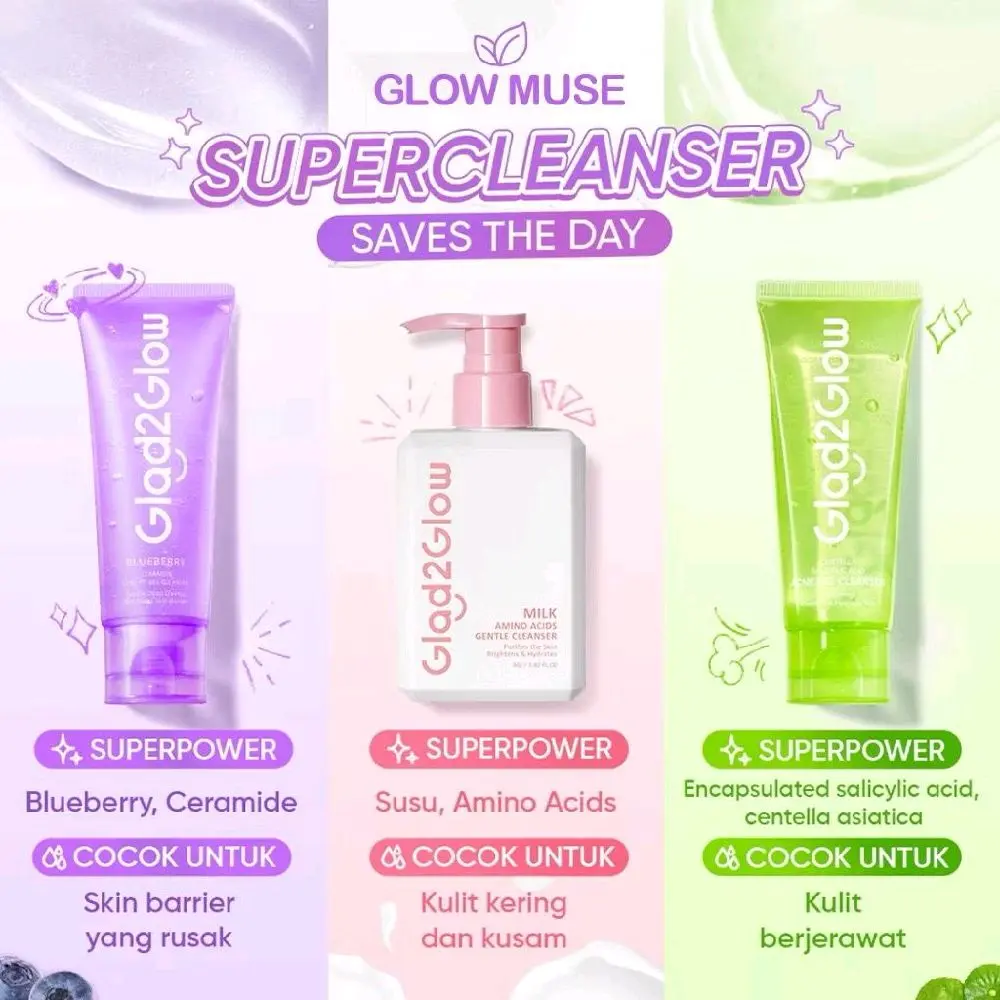 Glad2Glow Face Wash Cleanser Blueberry Milk Amino Centella Acne Sabun Wajah G2G