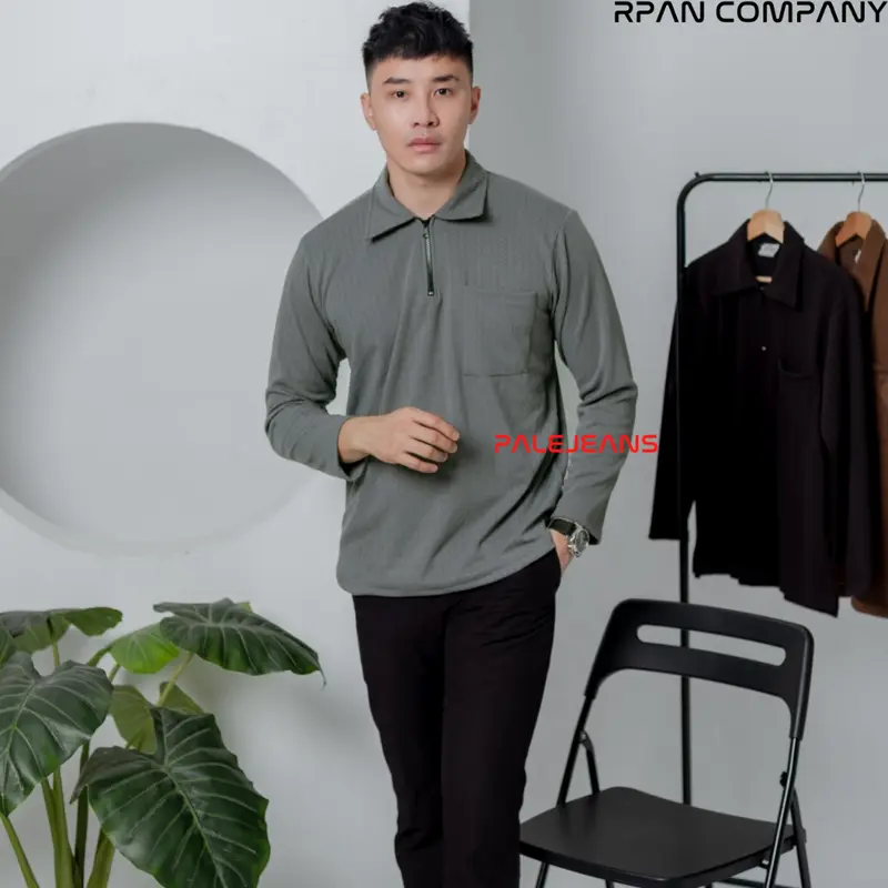 Kaos Polo Knit Pocket Lengan Panjang Motif Pria / Polo Zipper Long Sleeve Knit Fabric / Kaos Tangan Panjang Saku Modern Fit. 7