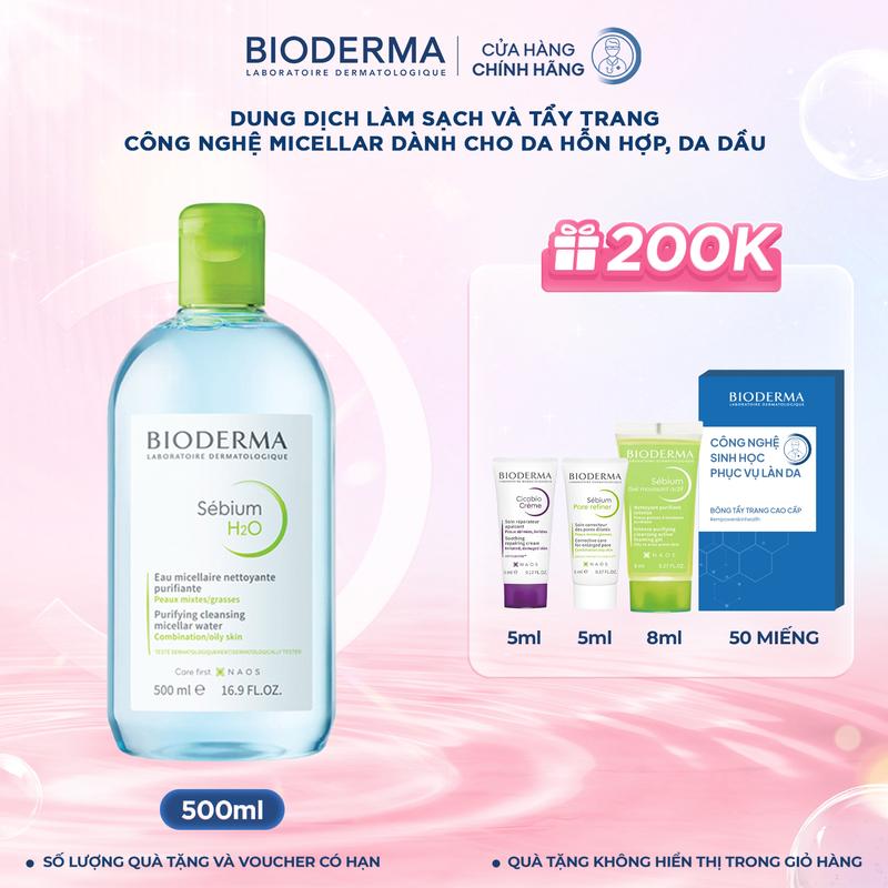 Dung dịch làm sạch và tẩy trang công nghệ Micellar dành cho da hỗn hợp, da dầu Bioderma Sebium H2O 500ml