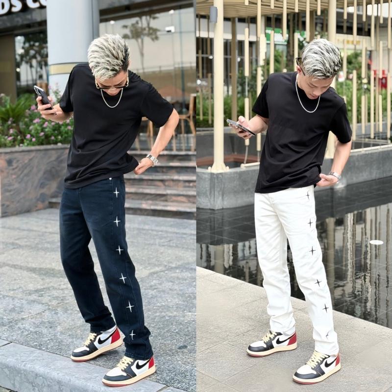 Quần Jeans Nam, Hoạ Tiết Thêu Dấu Cộng, From Ống Đứng, Chất Liệu Jeans Cotton Cao Cấp - SONOMEN Sơn Tóc Bạc