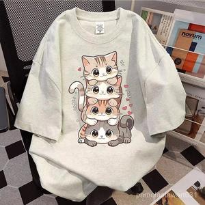 かわいい子猫が畳み込まれた高柄プリントの女性用半袖Tシャツ、丸首、ゆったり、純綿のカジュアルな上着、丸首、ショルダーベルト、ゆったりとしたシルエット、通気性、肩落ちデザインプリントTシャツ夏のゆったりタイプ