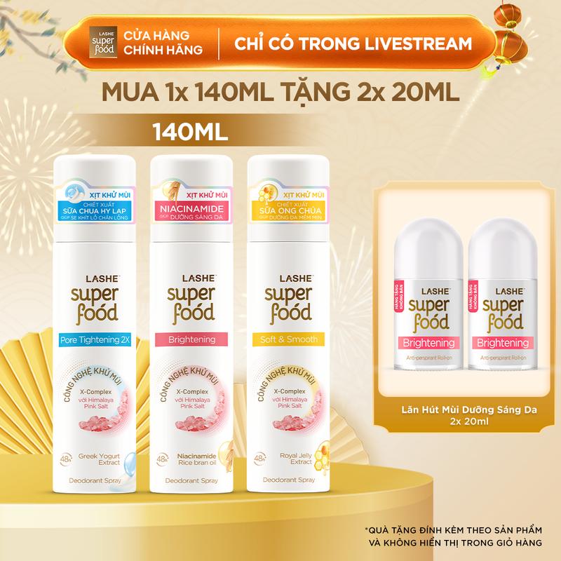  Xịt Khử Mùi LASHE SUPERFOOD Dưỡng Sáng Da Dưỡng Da Mềm Mịn Se khít Lỗ Chân Lông 140ML Tặng 2 Lăn Hút Mùi LASHE SUPERFOOD Dưỡng Sáng Da 20ML  S  