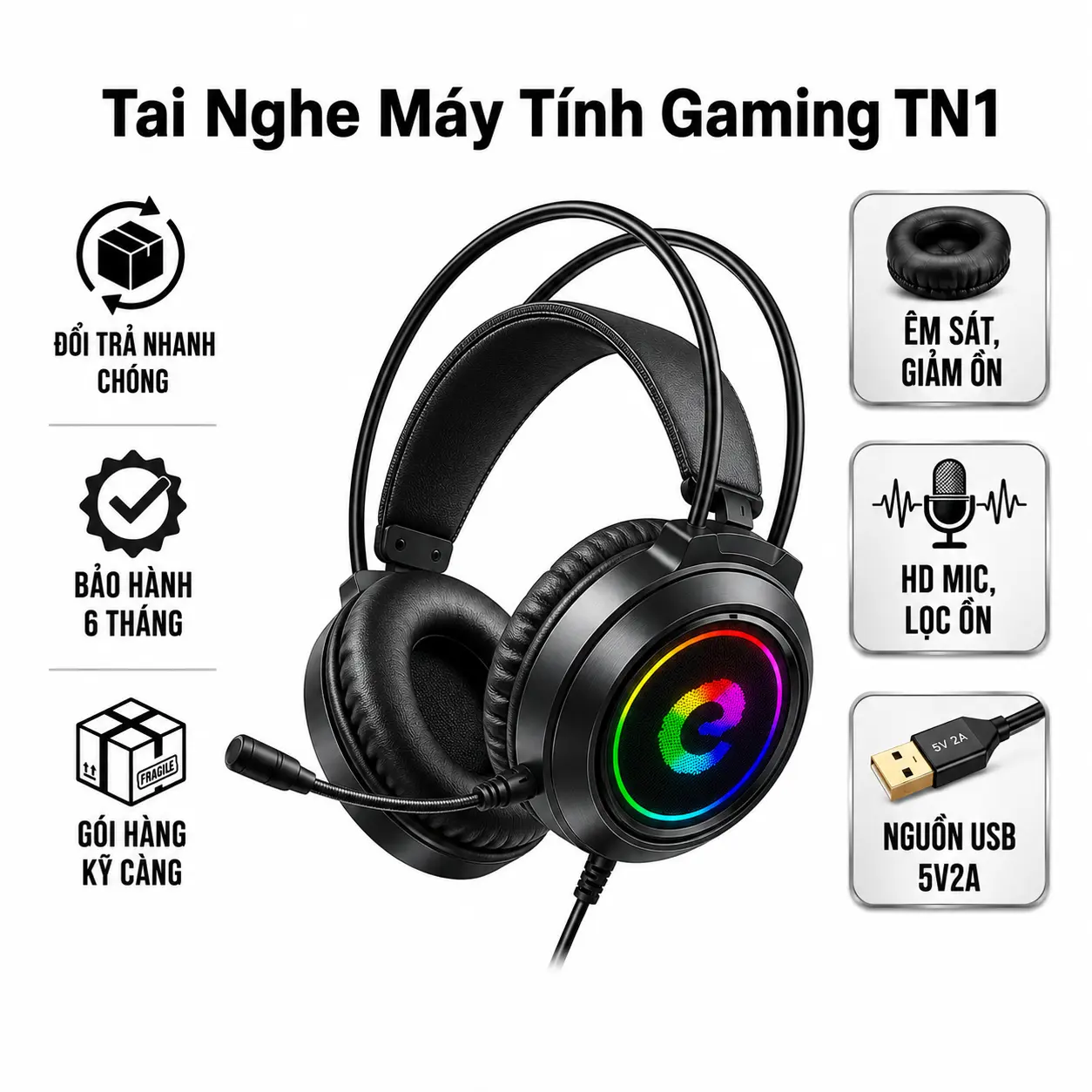 Tai Nghe Chụp Tai Gaming TN1 Có Mic Đàm Thoại, Bass to, LED RGB dùng cho máy tính và laptop earphone nhét tai