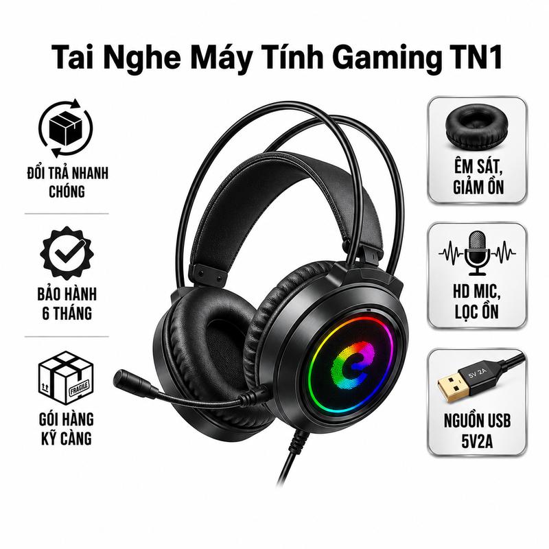 Tai Nghe Chụp Tai Gaming TN1 Có Mic Đàm Thoại LED RGB Âm Thanh 7.1 Kết Nối USB Dài 1.8m Cho Máy Tính Và Laptop