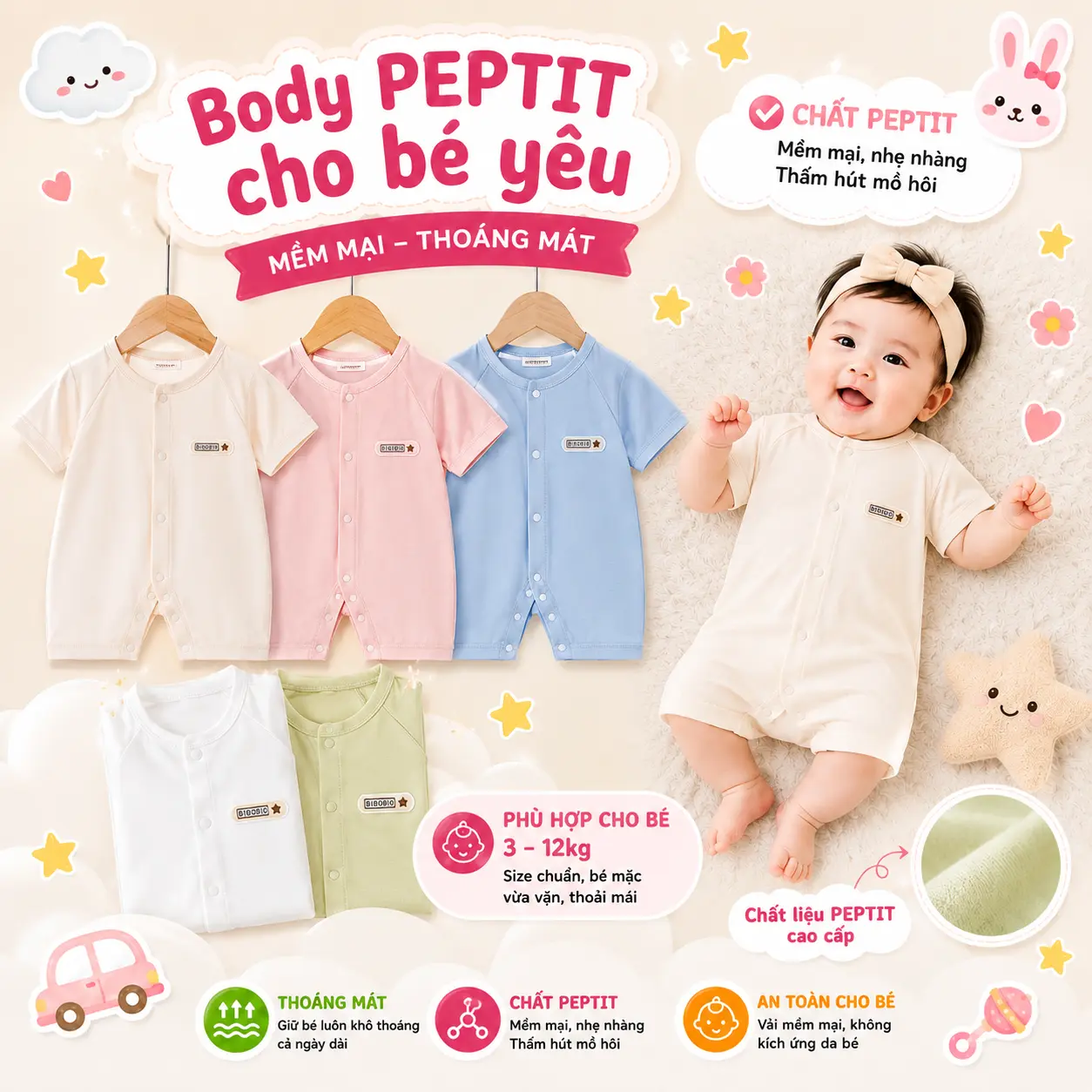 Bộ áo liền quần ngắn tay dành cho trẻ em 0-2 tuổi ( Chiều cao dưới 86 cm), chất liệu vải cotton peptit BD81