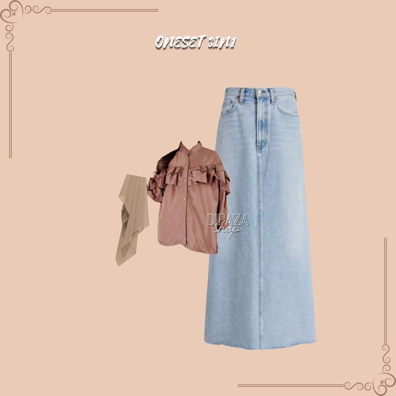 DF 495 - outfit difa hijab bella square mocca blouse geya oversize ruffle cokelat rok skirt jeans snow blue oneset 3in1 wanita korean style 2