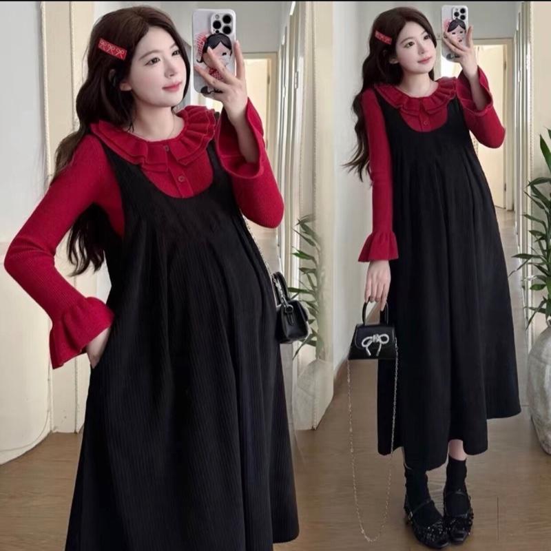 Váy bầu thu đông Sét gồm yếm và áo chất nhung tăm ấm áp Phong cách Hàn Quốc fom dáng tiểu Thư xinh đẹp sang chảnh cho mom dưới 70kg