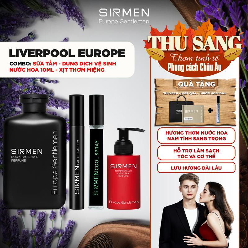 Bộ quà tặng cho nam LIVERPOOL EUROPE - Gồm Sữa tắm 350g, Nước hoa nam 10ml, Xịt thơm miệng và Dung dịch vệ sinh nam 100g SIRMEN |TẶNG TÚI XÁCH & NƯỚC HOA 10ML