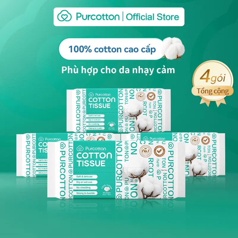 Purcotton Khăn Cotton 100% Cao Cấp 100/60 Tờ Kích Thước 20cmx20 cm Hỗ Trợ Cải Thiện Da Giảm Đỏ Khô, Phù Hợp Cho Da Nhạy Cảm