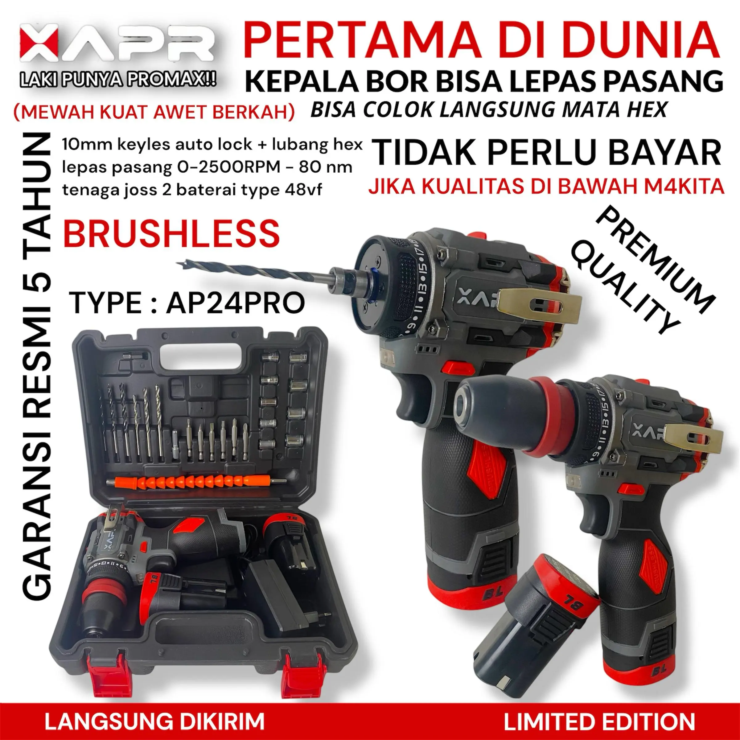 APR BOR BRUSHLESS DRIVER 10MM KEYLESS AUTO LOCK TYPE AP24 PRO SERIES FULLSET ACCECORIS MESIN BOR CORDLESS 2 BATERAI