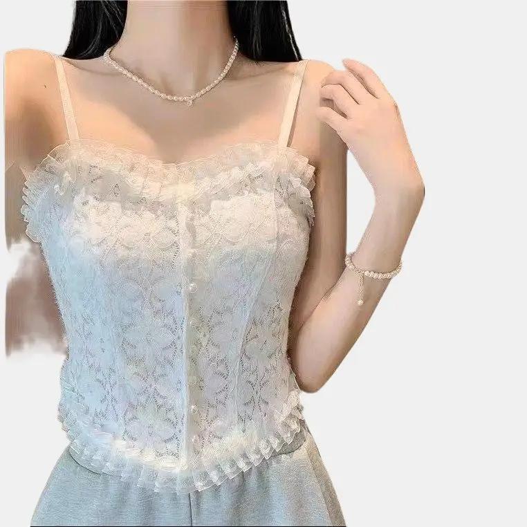 Áo bra ren hoa nhí Đính khuy, Áo hai dây mẫu mới croptop 3026 (ảnh thật)