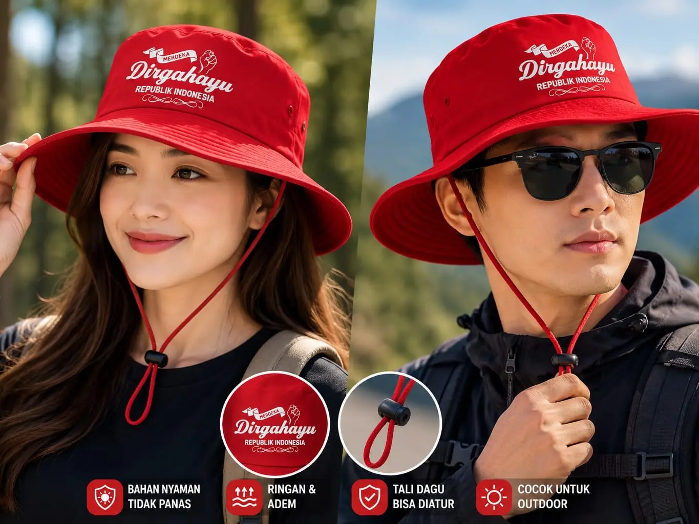 TOPI RIMBA KEMERDEKAAN DEWASA MERAH PUTIH HUT RI 17 AGUSTUS TOPI RIMBA LOGO SABLON DTF DIRGAHAYU INDONESIA Gunung Outdoor Pria
