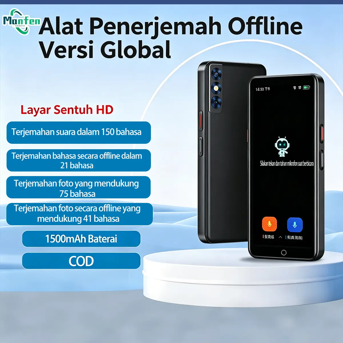 A50lite Penerjemah AI Model, Offline 21 Bahasa, Online 150+ Bahasa, Baterai 1500mAh, Layar 5.5 Inci, Mikrofon Ganda