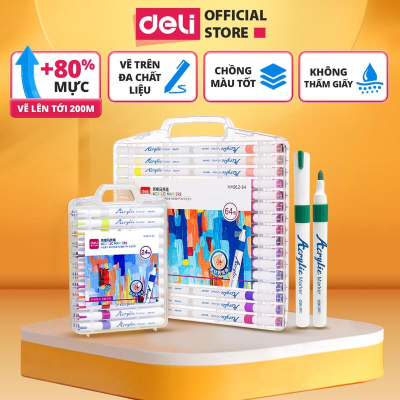 Bút màu sơn Acrylic Marker 100 màu Deli - Nhiều hơn 80% mực 12/24/36/48/64/80 Màu - Hộp nhựa, có quai xách tiện lợi, chống thấm nước, tô màu đậm, thích hợp đi nét DIY vẽ quần áo giày