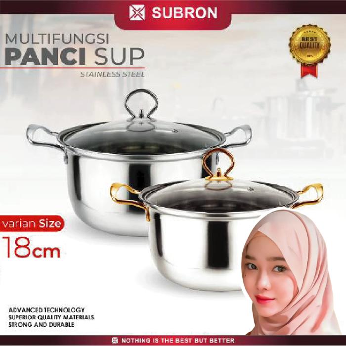 Gambar [EXCLUSIVE RACUNNUUNA] SUBRON Panci Sup Soup Pot 18cm Stainless Steel Tutup Kaca Gagang Silver Gold Kecil Kitchenware dari SUBRON KITCHENWARE Kab. Bandung Tokopedia