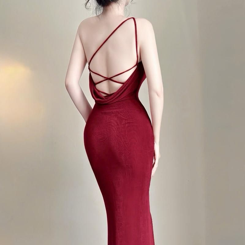  Đầm body hở lưng đan dây form dài thun nhún 