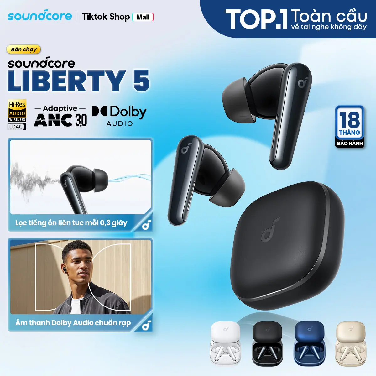 Tai nghe bluetooth Soundcore Liberty 5| Chống ồn ANC 3.0| Công nghệ Dolby Audio| Dịch thuật AI trên App| 10 phút= 5 giờ nghe- Tai nghe không dây- Tai nghe bluetooth pin trâu -Bảo hành 18 tháng- Hàng chính hãng