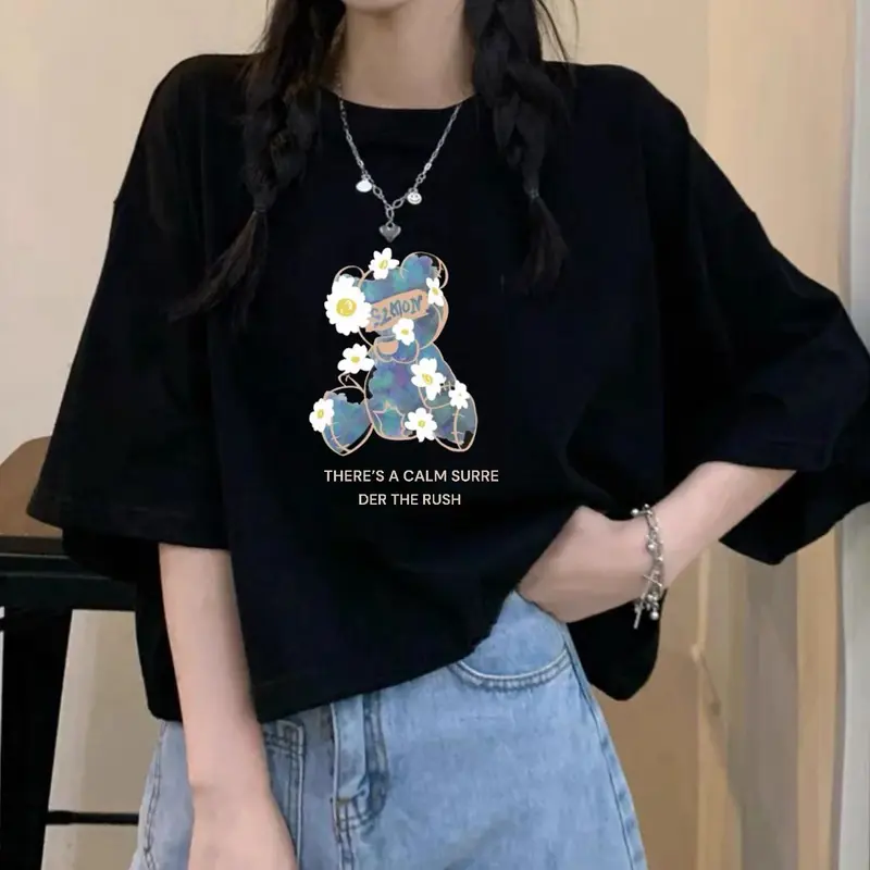 KAOS CROP TOP OVERSIZE BEAR FLOWER WANITA Combed 1