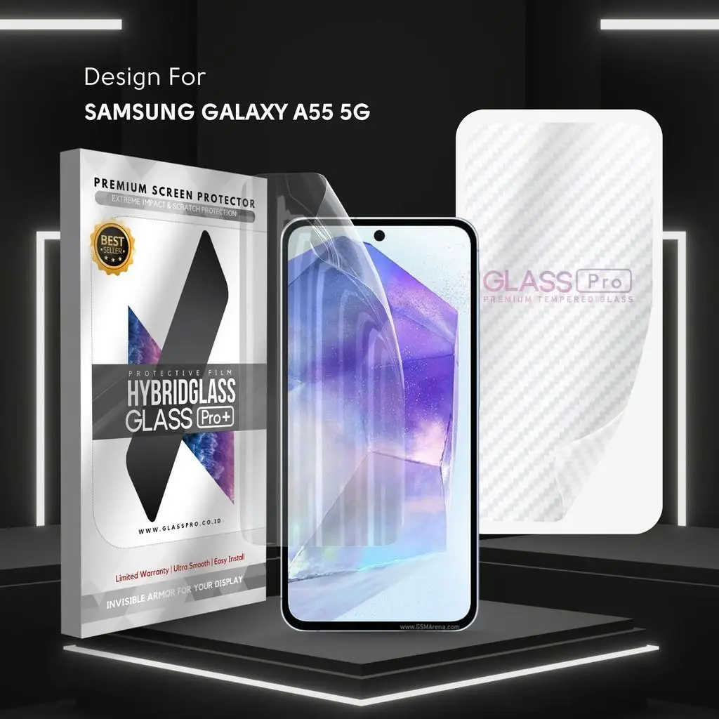 For SAMSUNG GALAXY A55 5G - Hybrid Glass Hydrogel Full Cover Depan Belakang Anti Gores Premium Screen Protector Glossy Glass Pro - NOT Tempered Glass Matte Anti Gores Kaca Anti Crack Privacy Easy Install Gorilla Glass Anti Static hg-clear-carbon