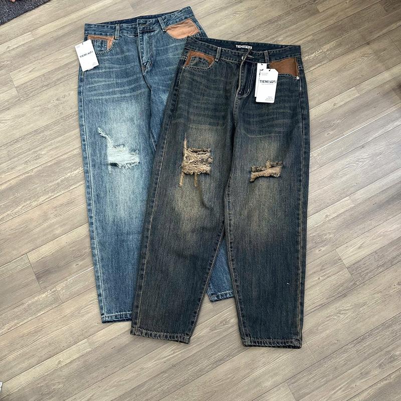 Quần Jean Nữ Baggy Phom Rộng Không Giãn Mềm Mịn 8 Size Lưng Cao Túi Nâu Cào Rách Gối Việt Nam - TIENSTYLE