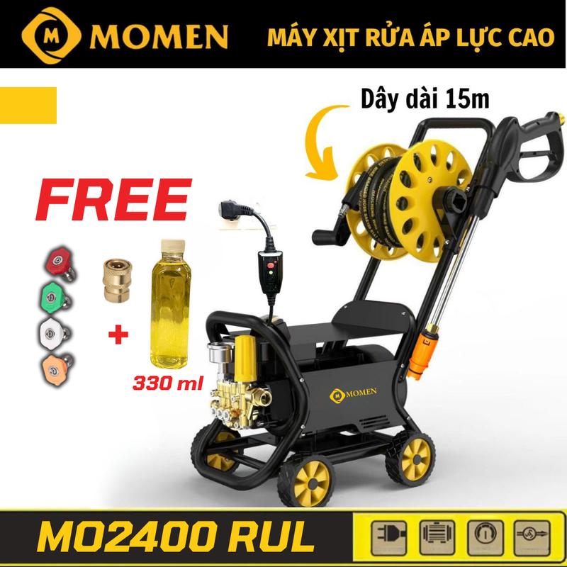 FLASH Máy Rửa Xe Bán Công Nghiệp Momen 2400 Siêu Mạnh - Có Rulo Cuốn Dây Và Khung 4 Bánh Xe - Lõi Đồng - Dây Dài 15m + Bộ 4 Béc Phun Chuyên Dụng + Lọ Dung Dịch Rửa Xe 330ml Chuyên Dụng