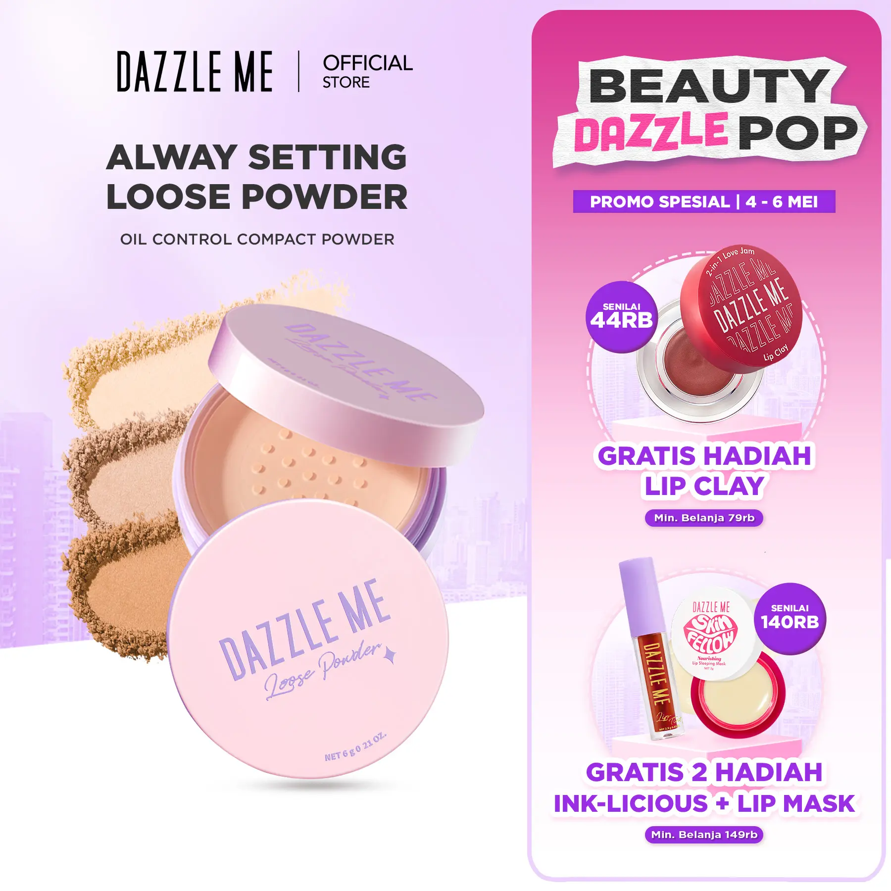 [BPOM] DAZZLE ME Always Setting Loose Powder Super Soft Smooth Bedak Tabur Tahan Minyak Natural Translucent Kosmetik Hydrating Lasting Super Soft oil control loose powder Natural Translucent Kosmetik Tahan 24 Jam tahan air