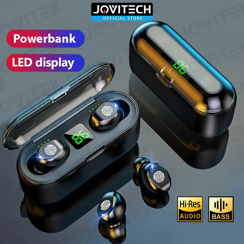 Jovitech Headset Bluetooth F9 TWS Earphone Bluetooth 5.3 NIRKabel Powerbank 2000MAH Display Headphone Wireless Headset Mic Power bank senter headset bluetooth earphone airpods tws bluetooth henset - T25