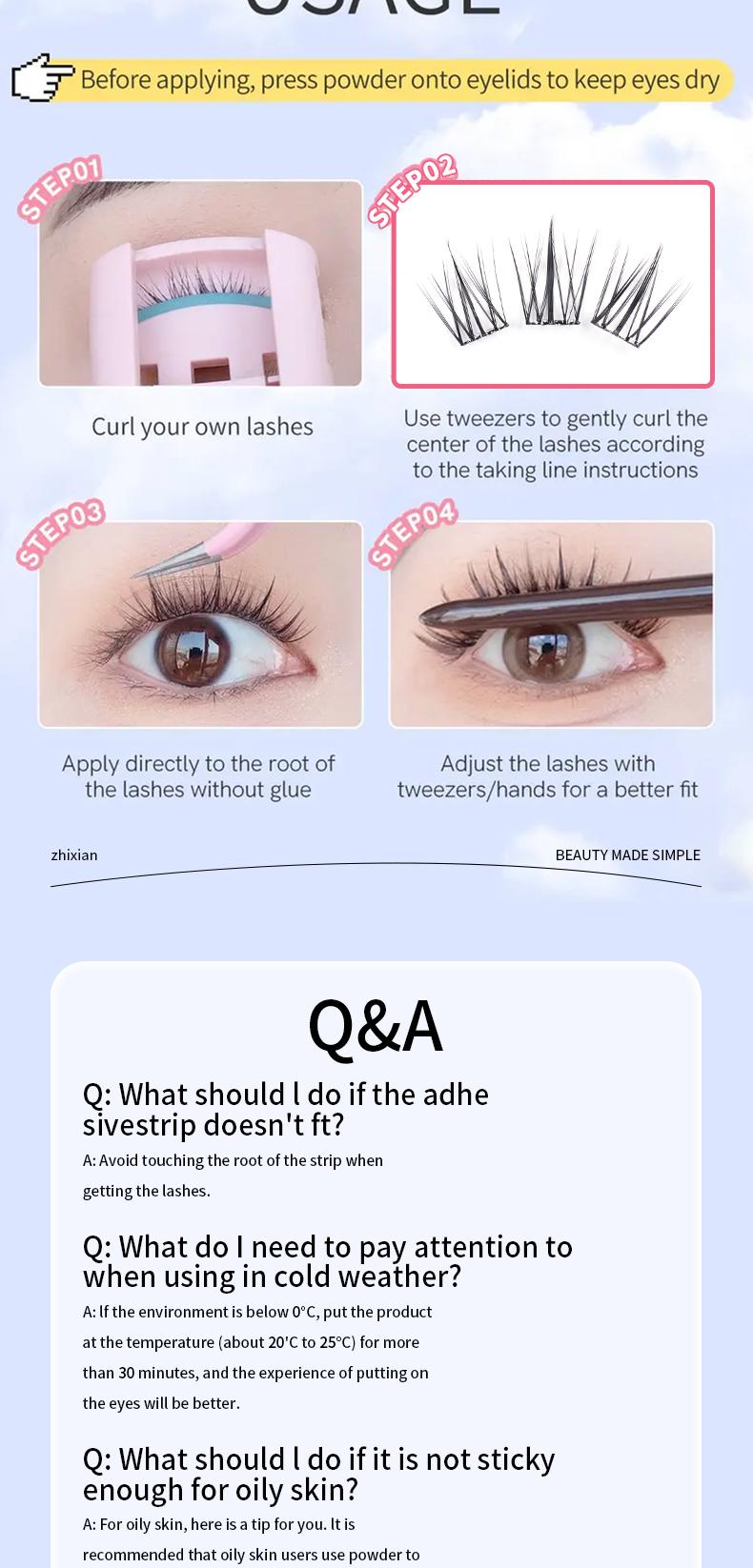 ZhiXian Bulumata palsu pemula bebas lem tidak perlu menggunakan lem bulu mata palsu dapat digunakan kembali Eyelash extension set C Curl False Eyelash Length 10-12 mm