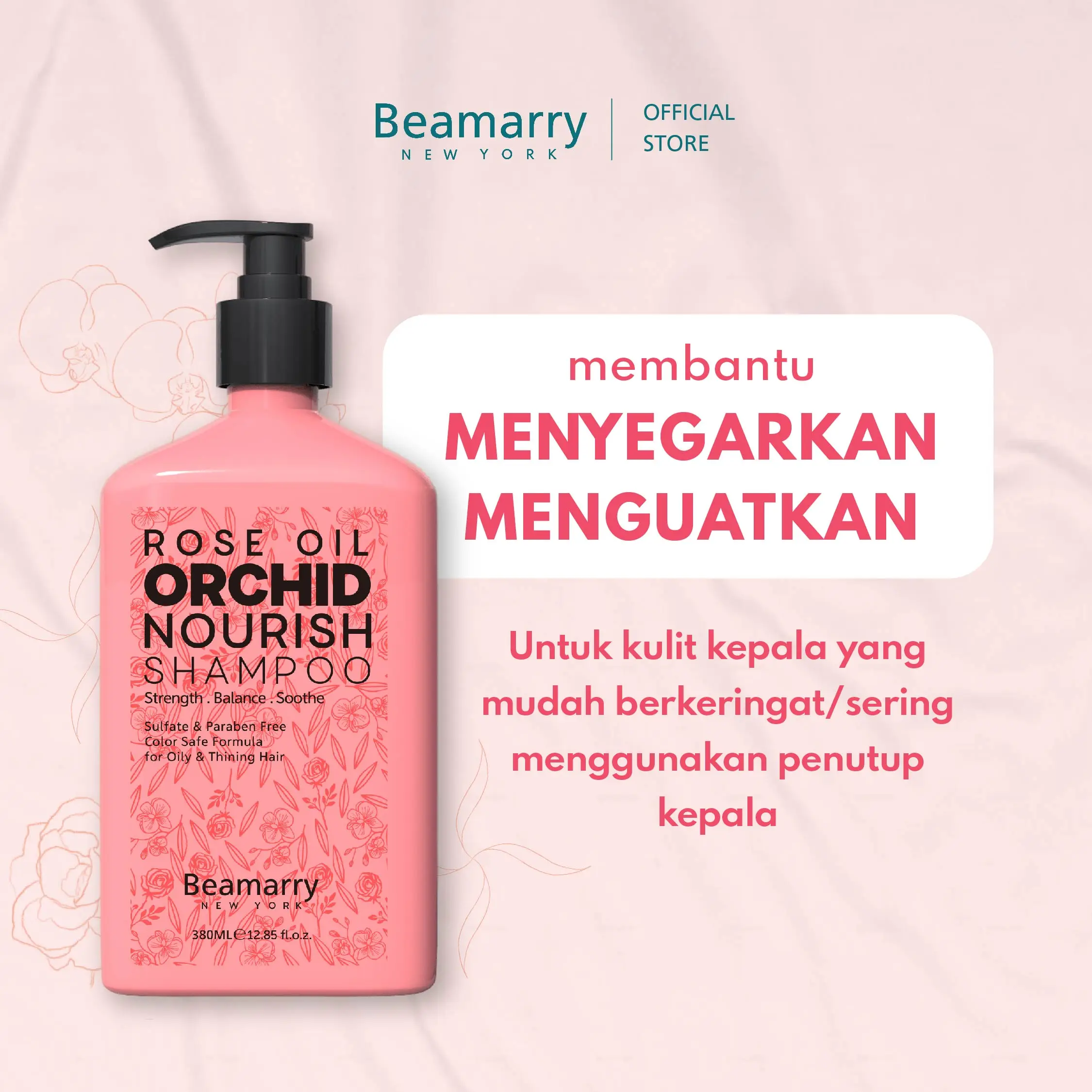 Beamarry Hair Care | Shampoo Rose Oil Orchid Nourish 380ml | ANTI SMELLY, ANTI KETOMBE, ANTI RONTOK, WANGI Rose Rogusa PERTAMA DI DUNIA
