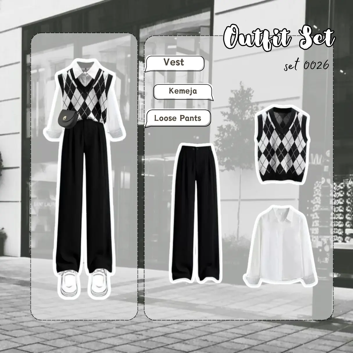 WFD | OUTFIT YEARBOOK : Oneset Korean Style (Baju Kemeja Rayon, Vest Wanita, Celana Jennie Knit Panjang) SET 0026