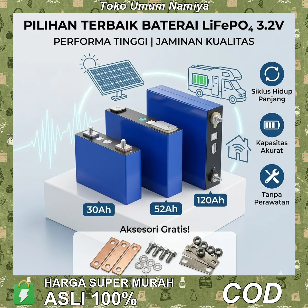 Baterai LiFePO4 Prismatic 3.2V 30Ah / 52Ah / 120Ah Aki Lithium Iron Phosphate untuk Panel Surya PLTS RV Kendaraan Listrik