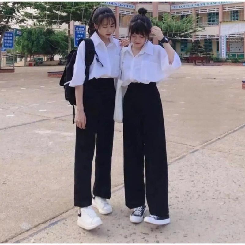 Quần ống suông rộng đi học nữ lưng cao dài Hàn Quốc phong cách Ulzzang Quần tây ống rộng nữ công sở chất vải mềm mịn cạp cao 1 khuy