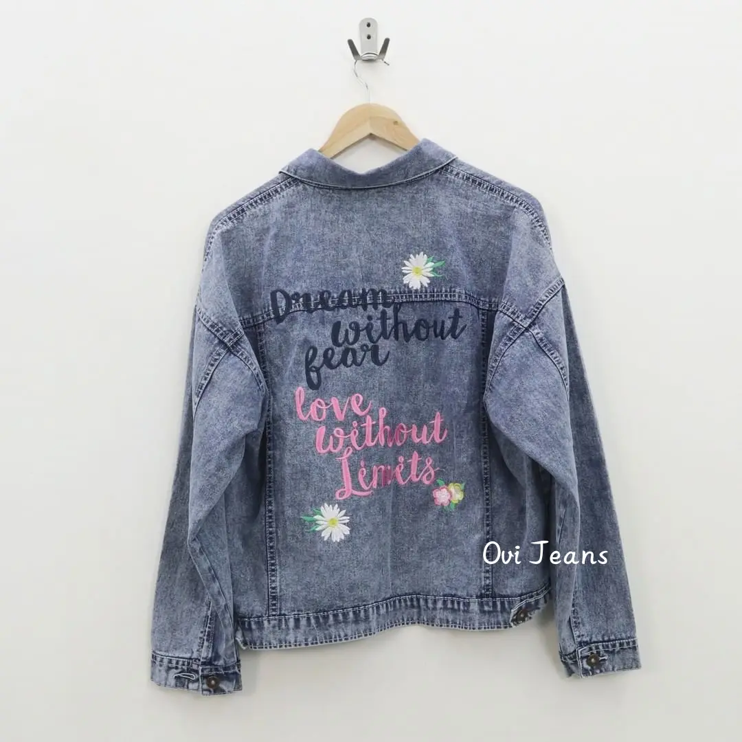 OVI - Jaket Jeans Wanita Bordir Tulisan Bunga Oversize - Jaket Wanita Jumbo