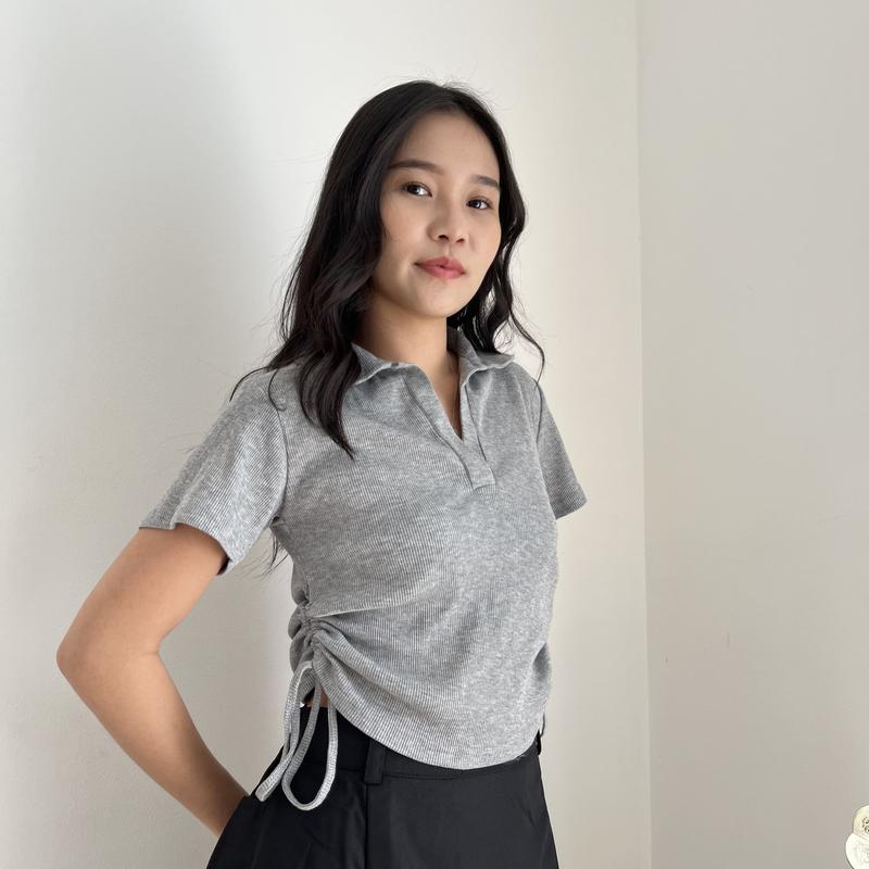 LAURA Baju Atasan Wanita - Crop Top Basic - Kaos Polo Berkerah Rib Polos - Knit Top Wangki Tali Serut 2