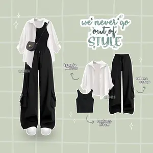 PAKET MURAH - 1 Set Wanita Korean Style, Minimalis warna hitam setelan 3in1 OOTD Outfit Remaja Kekinian, Fashion Atasan Baju Nyaman Panjang Setelan Shakila Bawahan Lembut Stretch Twill Linen Kerja Casual Oversize Putih Formal Crinkle-KK96