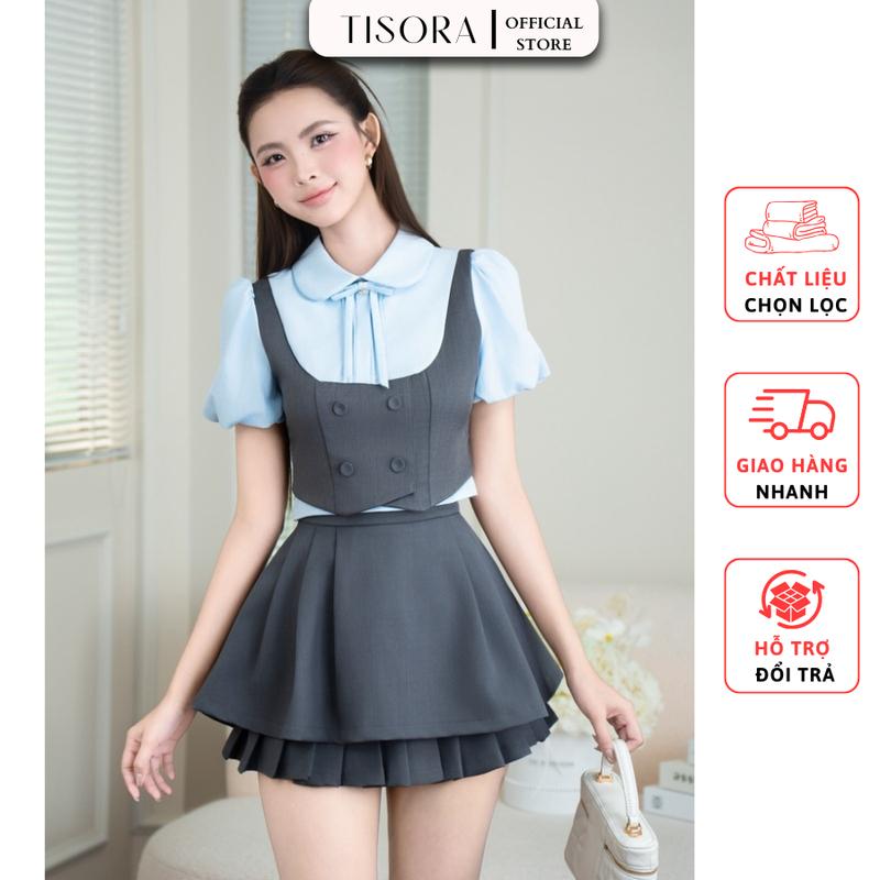 TISORA Sét đồ tiểu thư áo sơ mi cộc tay kèm cài nơ + chân váy xòe có lót quần 