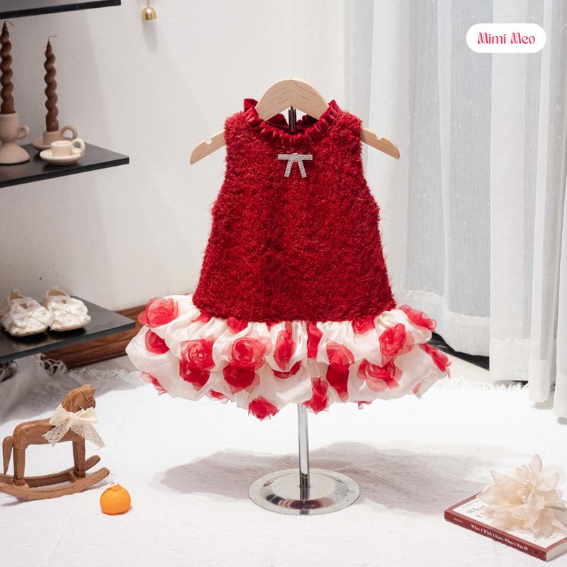KÈM TÚI NGỌC - TD364 Váy Giáng Sinh Noel cho Bé Gái 9-25kg - Đầm Vải Bông Xù Chân Hoa Hồng Nổi Ấm Áp & Dễ Thương