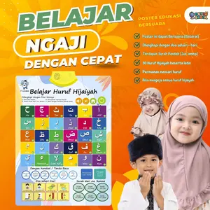 Poster Edukasi Anak Bersuara Hijaiyah Angka Huruf Hewan Buah Buahan Belaja Ngaji dan Membaca