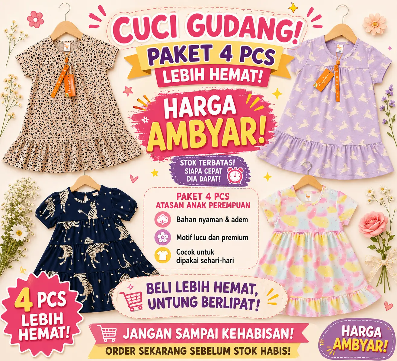 CUCI GUDANG !!! dress bundle 1 paket isi 4 pcs spesial edition by passion flower banyak varian motif dan warna