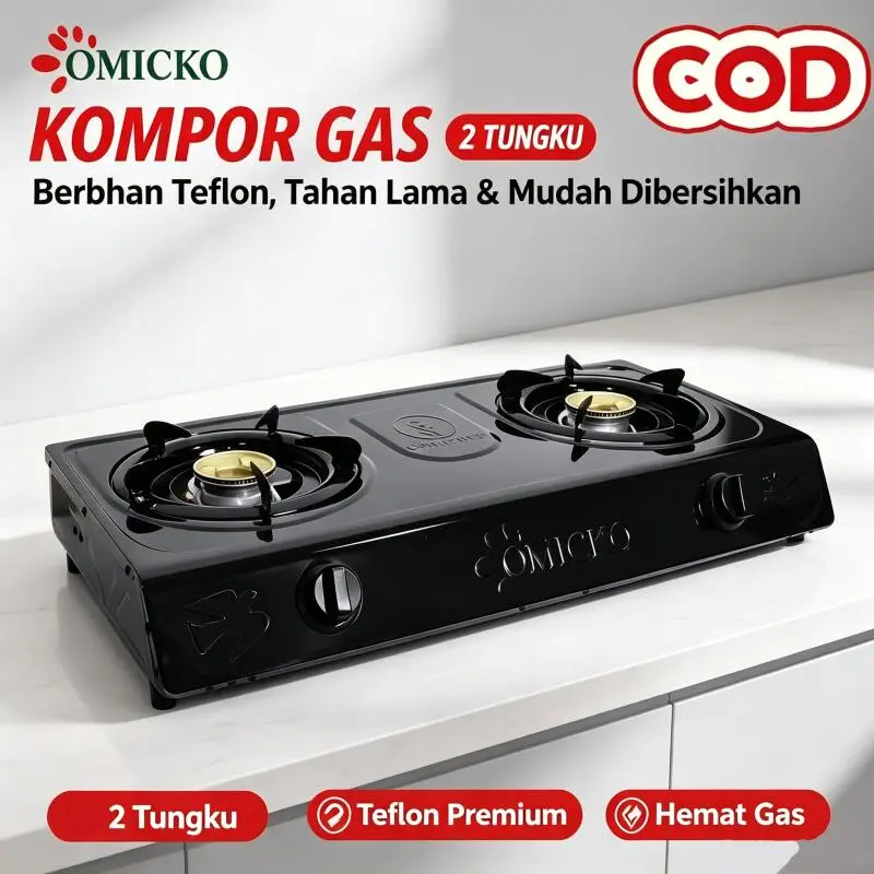 Kompor Gas 2 Tungku OMICKO Stainless Steel Anti Karat Hemat Gas Warna Putih, Mudah Dibersihkan Cocok Dapur Rumah Tangga COD