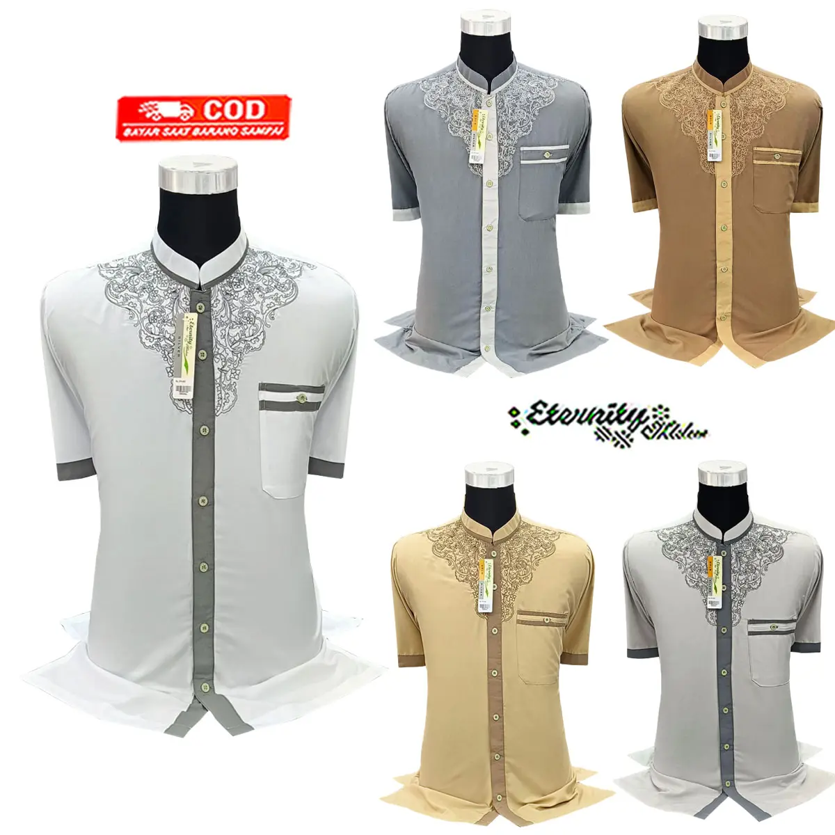 Eternity Moslem Baju Koko Pria Dewasa Lengan Pendek Katun Muslim Bordir Kombinasi  Atasan Panjang Kurta Motif Baju Koko