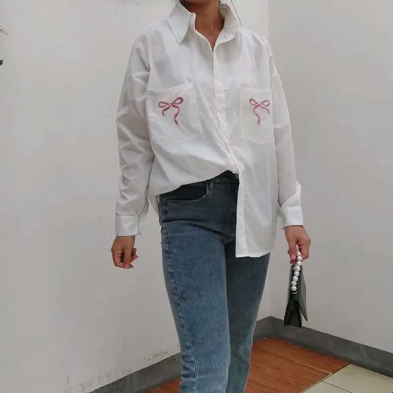 Elena Closet Pocket Pita Shirt Kemeja Atasan Katun Bordir Kerja Panjang Oversize Basic Baju Mutiara 5