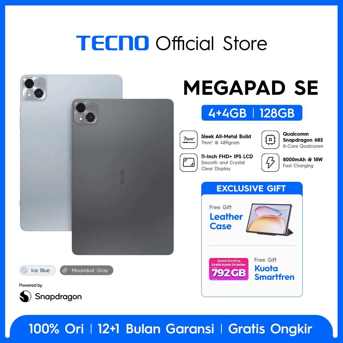 [NEW! SE SERIES] TECNO MEGAPAD SE 4+4GB*128GB, Qualcomm Snapdragon 685, 8000mAh, 11inch Eye Care FHD+, Hybrid Sim-Card,  TECNO AI, 4 speaker Dolby Atmos -megapadse